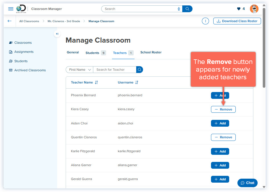 DE_Classroom Manager_Classroom Selected_Teachers list_Teacher Removed.jpg