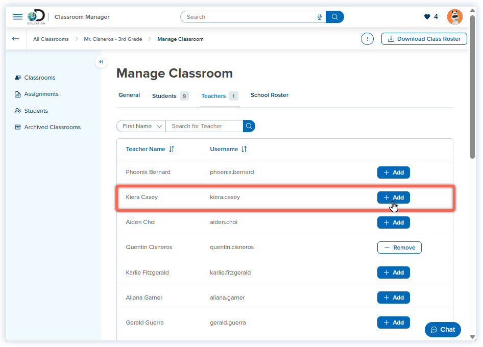 DE_Classroom Manager_Classroom Selected_Teachers list_Click Add.jpg