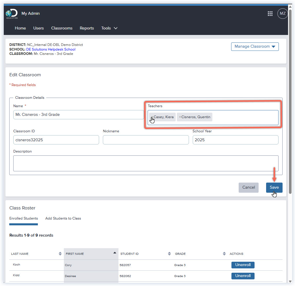 DE_MyAdmin_Site Admin_Edit Classroom Page_Click Teacher to Remove and Save.jpg