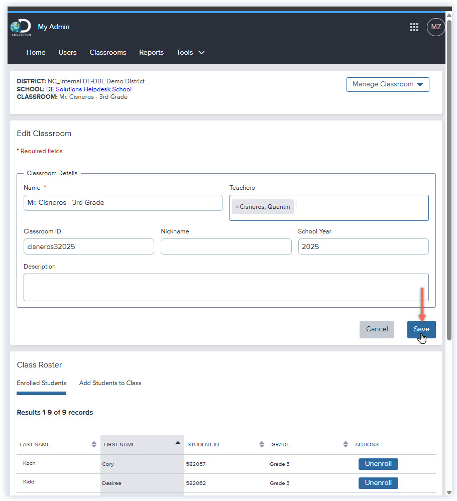 DE_MyAdmin_Site Admin_Edit Classroom Page_Teacher removed click Save.jpg