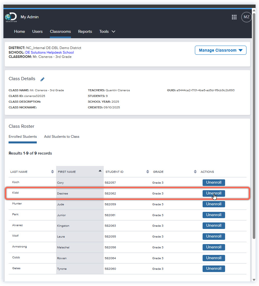 DE_MyAdmin_Site Admin_Classroom Page_Click Unenroll.jpg