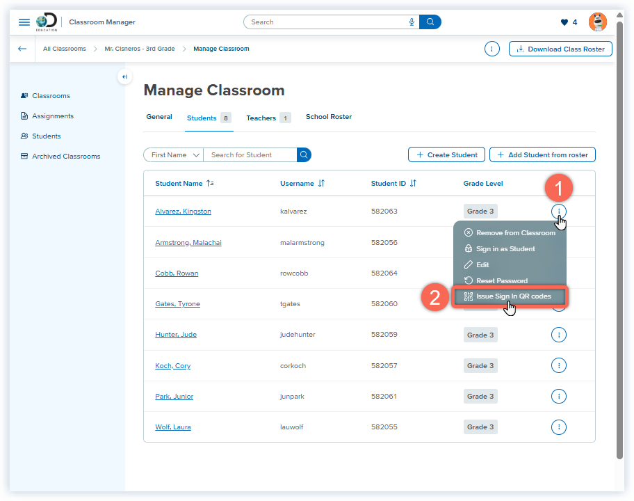 DE_Manage Classroom page_Select Issue Sign In Code_Cisneros.png