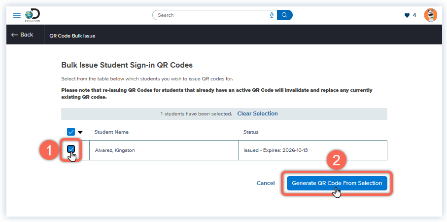 DE_Teacher _Bulk Generate QR Code window_select single student_Cisneros.png
